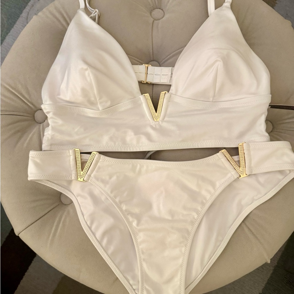 Victoria Secret V-Hardware White Bikini Set with Gold Accents